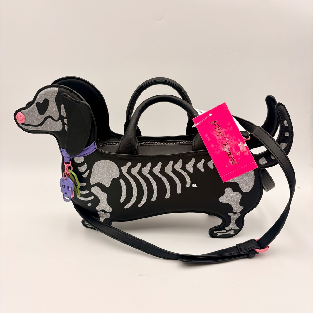 Betsey Johnson Halloween XOBARK Skeleton Dachshund Crossbody Bag Black Doxie Bag
